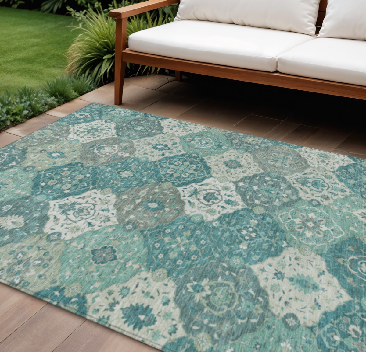 658037 9 x 12 ft. Teal, Blue & Ivory Floral Medallion Washable Transitional Indoor & Outdoor Rectangle Area Rug