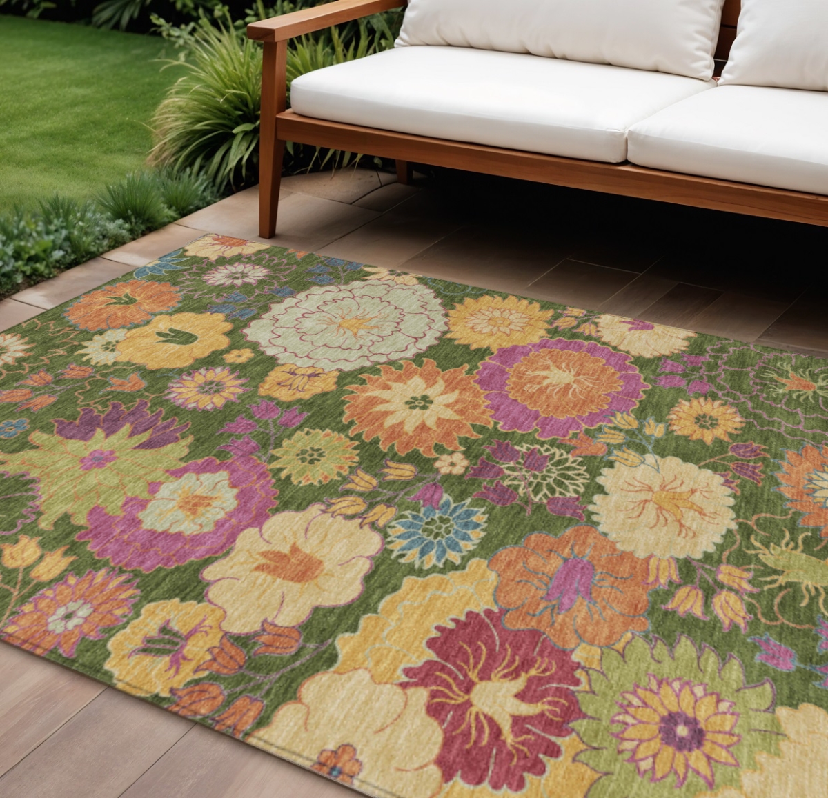 658043 9 x 12 ft. Artichoke Green, Gold & Pink Floral Washable Transitional Indoor & Outdoor Rectangle Area Rug