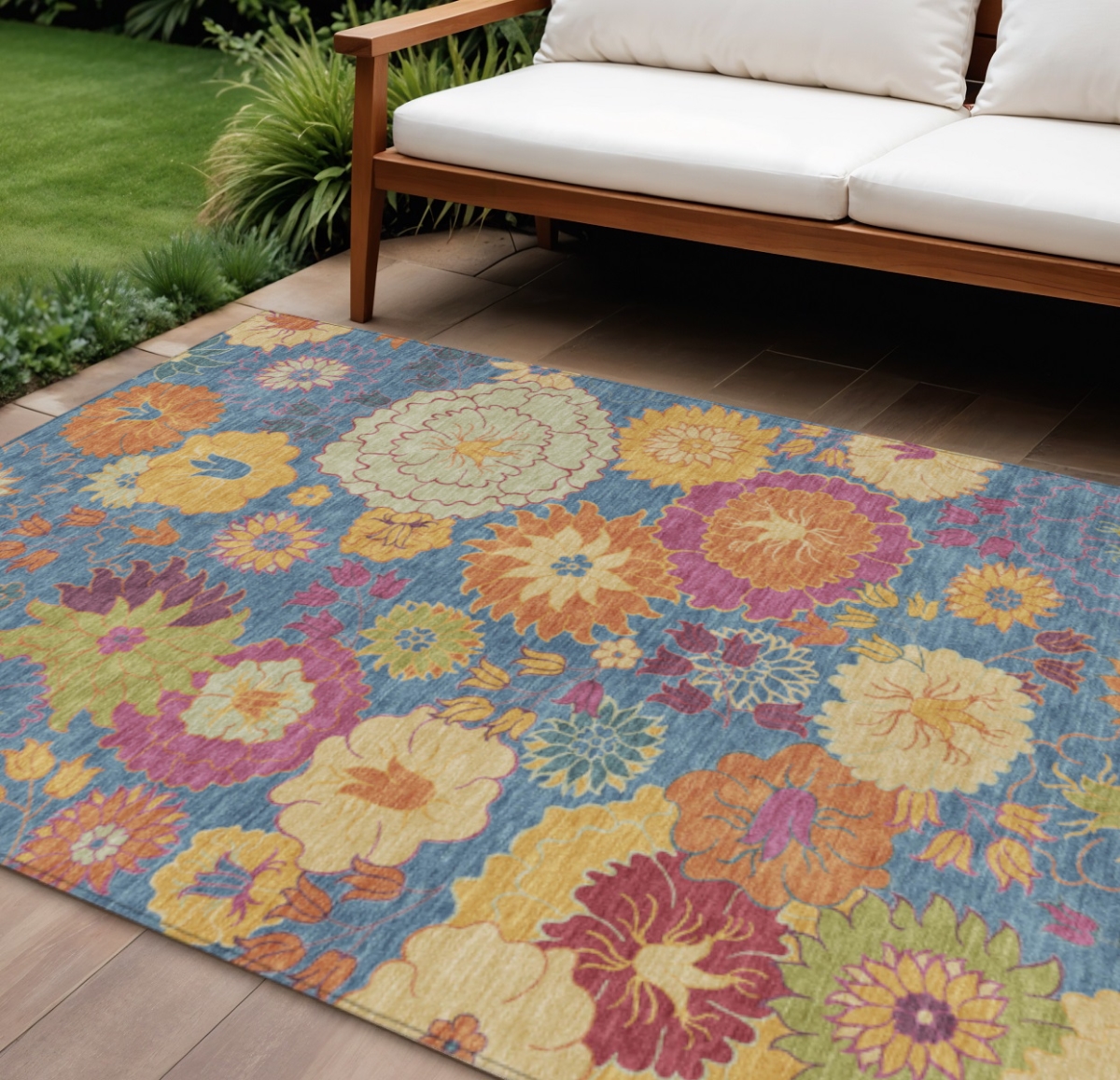 658055 9 x 12 ft. Blue Gold & Pink Floral Washable Transitional Indoor & Outdoor Rectangle Area Rug
