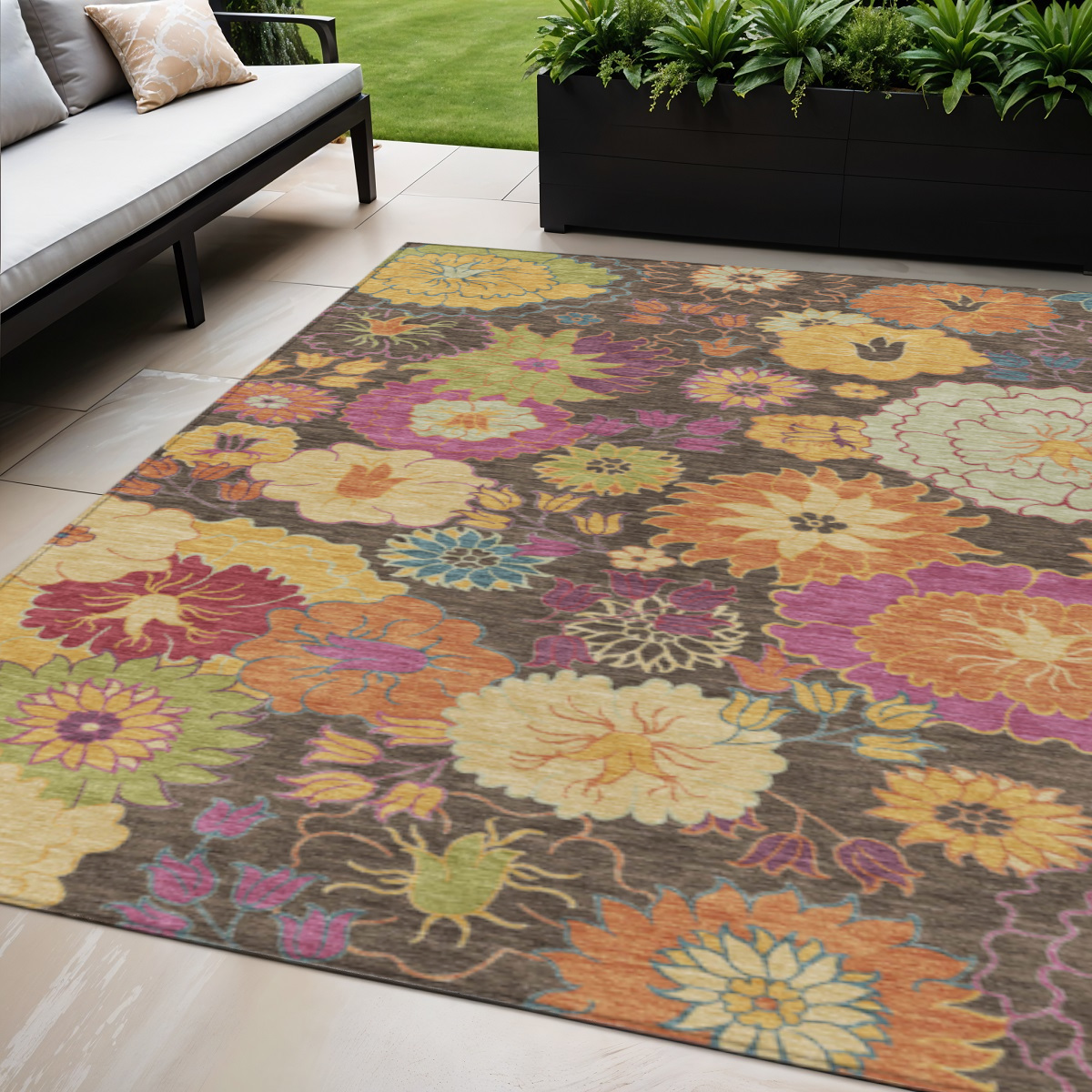 658058 5 x 8 ft. Chocolate Gold & Pink Floral Washable Transitional Indoor & Outdoor Rectangle Area Rug