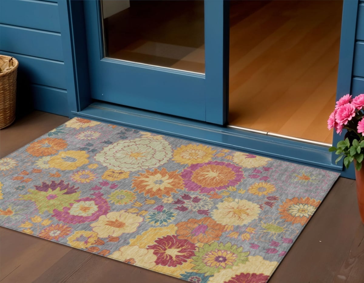 658063 3 x 5 ft. Gray Gold & Pink Floral Washable Transitional Indoor & Outdoor Rectangle Area Rug