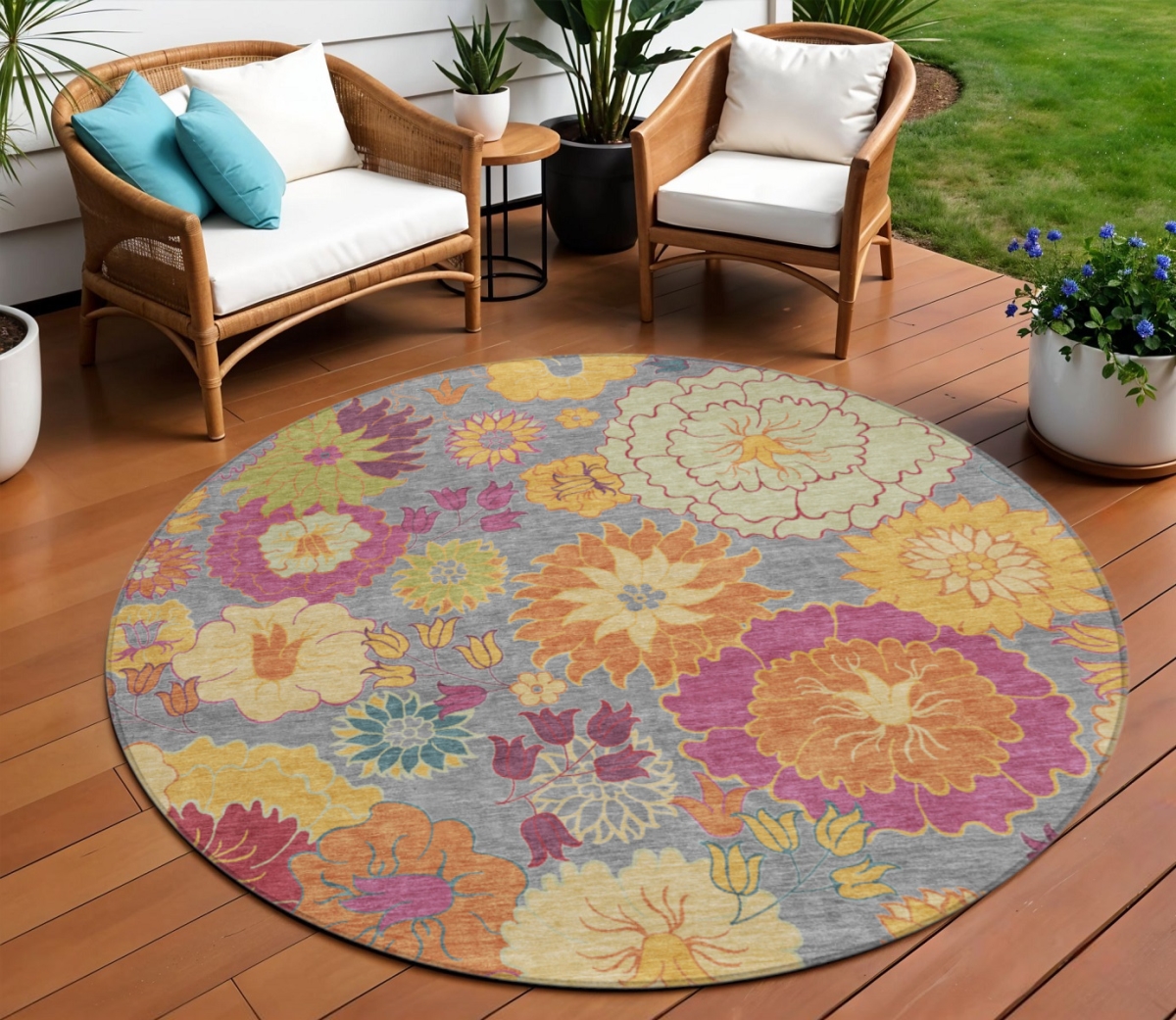 658065 8 ft. Gray Gold & Pink Floral Washable Transitional Indoor & Outdoor Round Area Rug