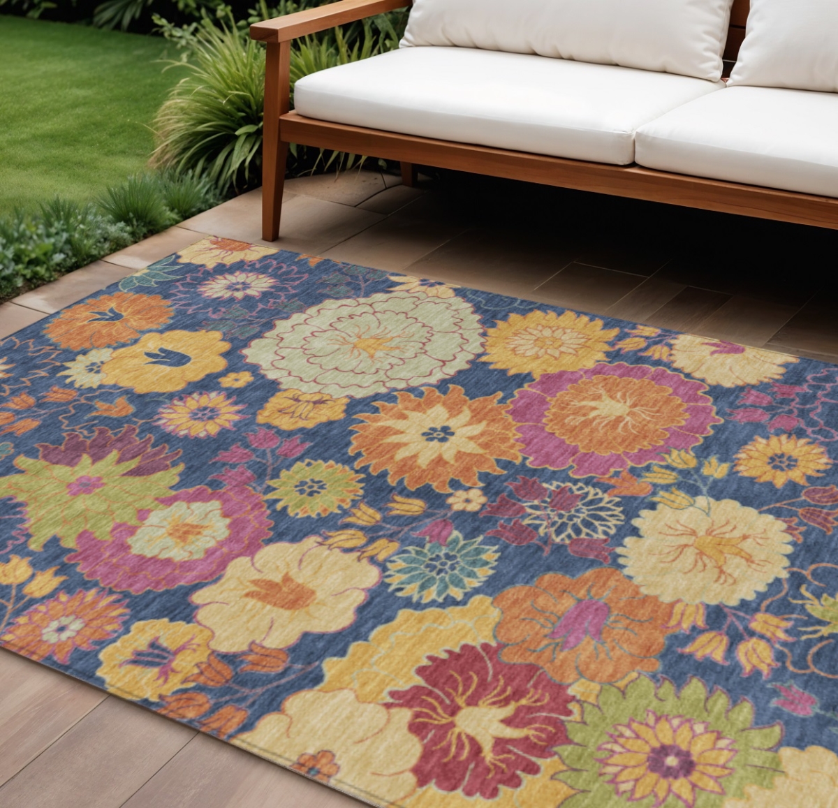 658078 8 x 10 ft. Navy Blue Gold & Pink Floral Washable Transitional Indoor & Outdoor Rectangle Area Rug
