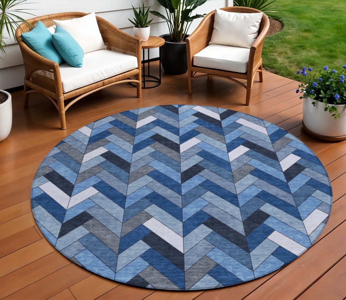 658149 8 ft. Blue & Ivory Geometric Washable Transitional Indoor & Outdoor Round Area Rug