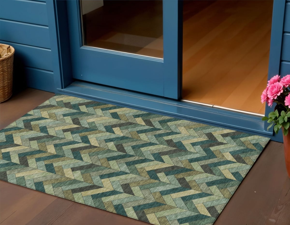 658165 3 x 5 ft. Green & Gray Geometric Washable Transitional Indoor & Outdoor Rectangle Area Rug