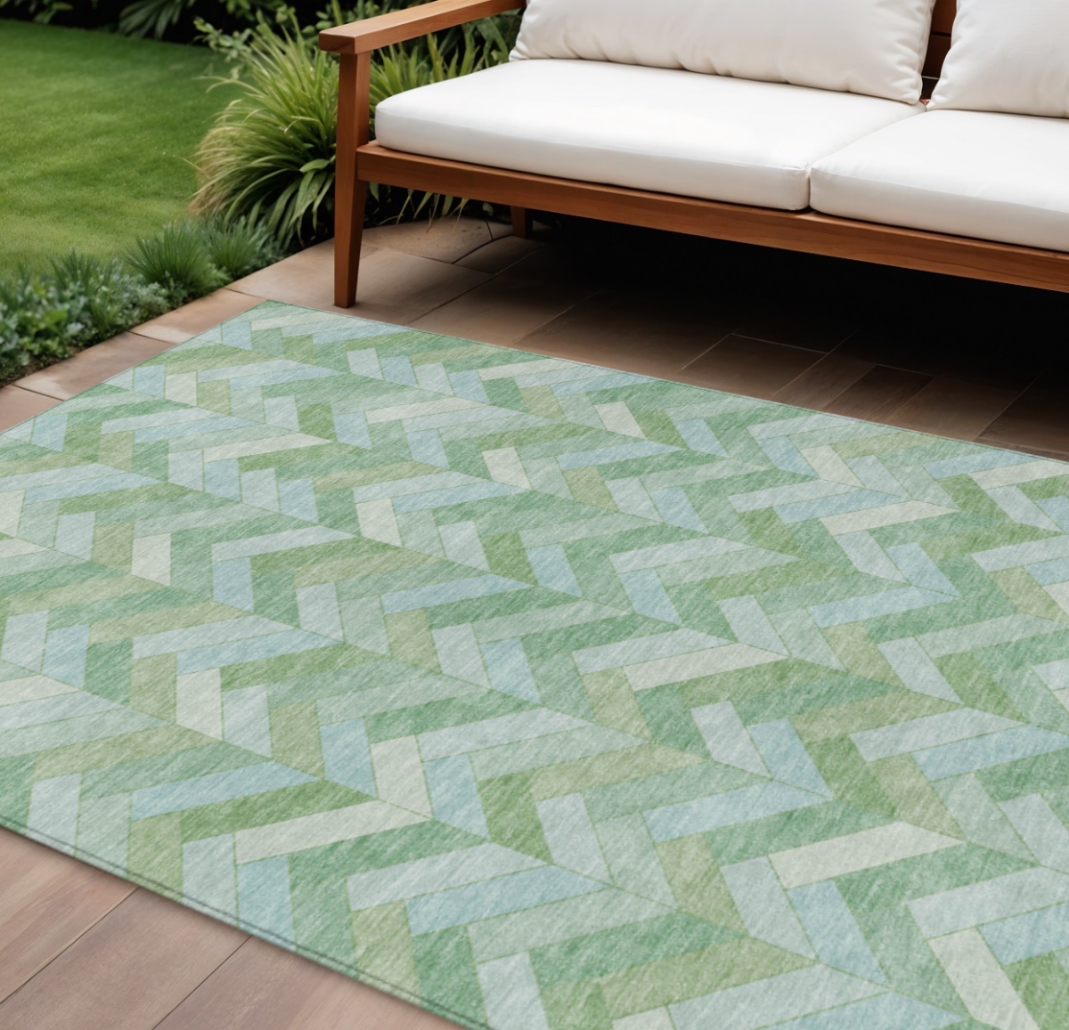 658205 9 x 12 ft. Green & Ivory Geometric Washable Transitional Indoor & Outdoor Rectangle Area Rug