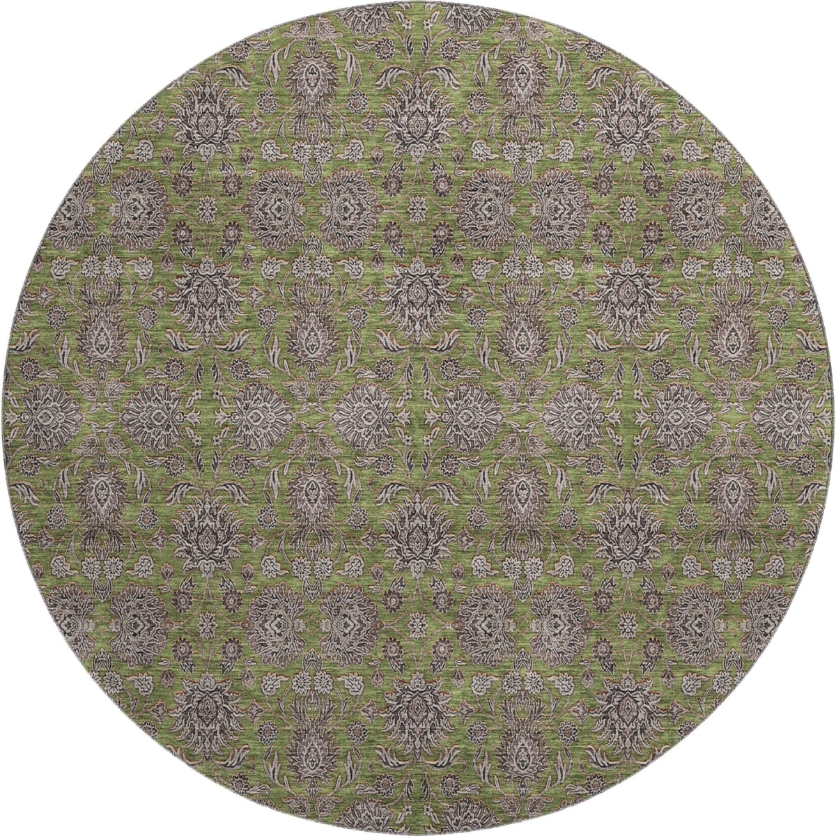 656846 8 ft. Olive Green & Beige Floral Transitional Washable Round Area Rug with UV Protection