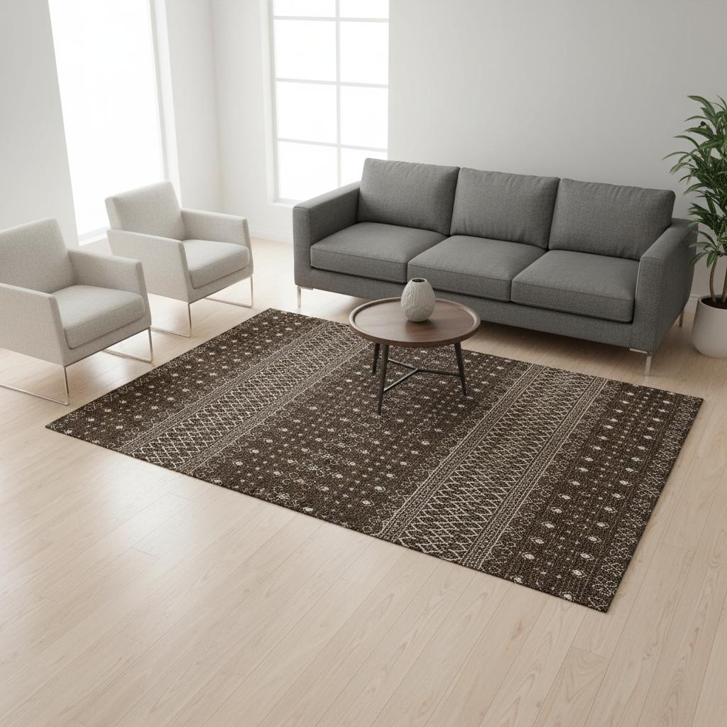 657103 5 x 8 ft. Chocolate & Ivory Tribal Washable Machine Made Rectangle Area Rug with UV Protection