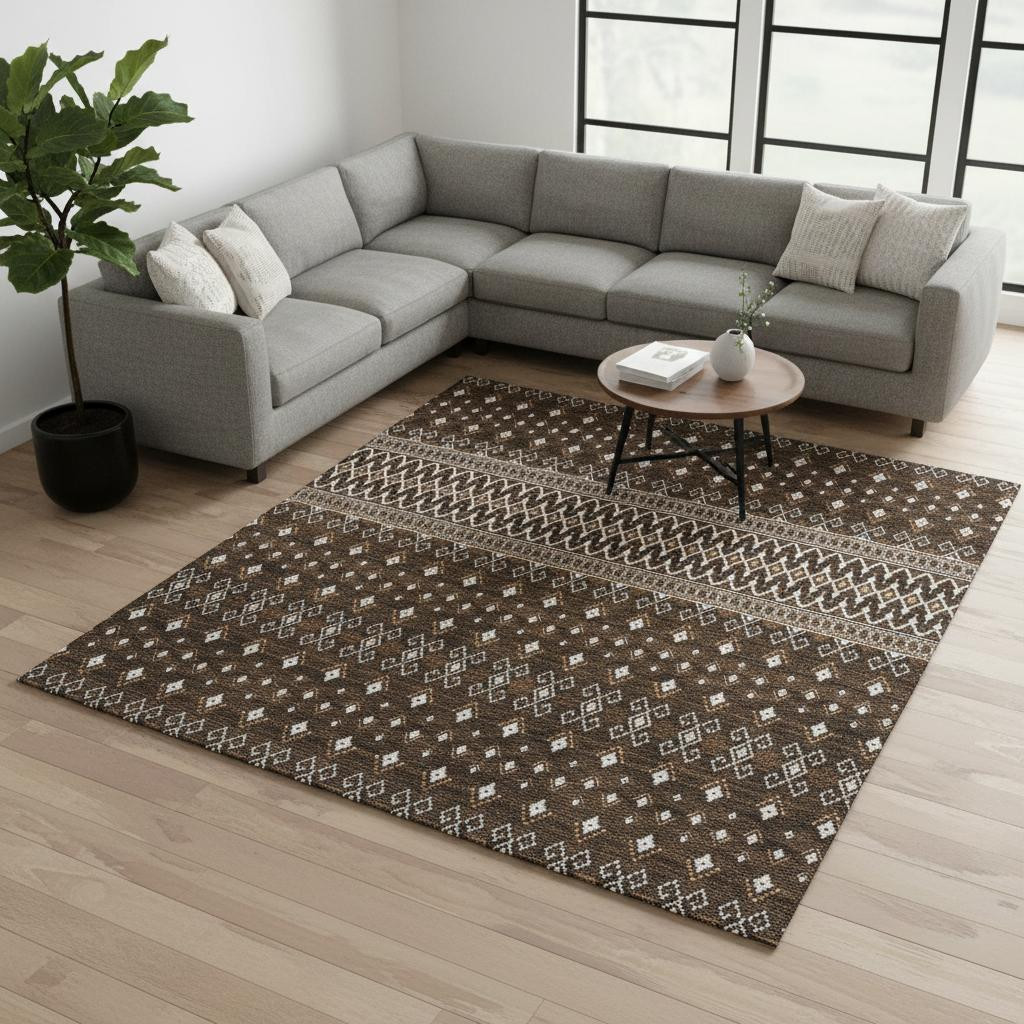 657106 9 x 12 ft. Chocolate & Ivory Tribal Washable Machine Made Rectangle Area Rug with UV Protection