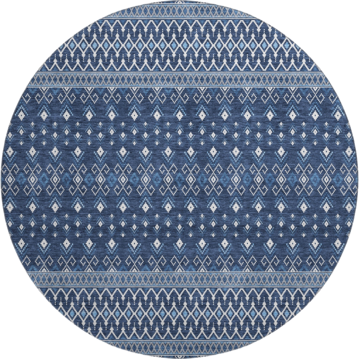 657122 8 ft. Navy Blue & Ivory Tribal Transitional Washable Round Area Rug with UV Protection