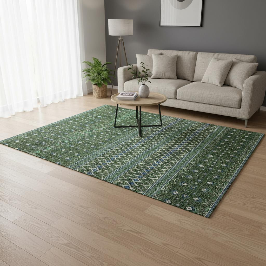 657127 5 x 8 ft. Olive Green Blue & Ivory Tribal Washable Machine Made Rectangle Area Rug with UV Protection