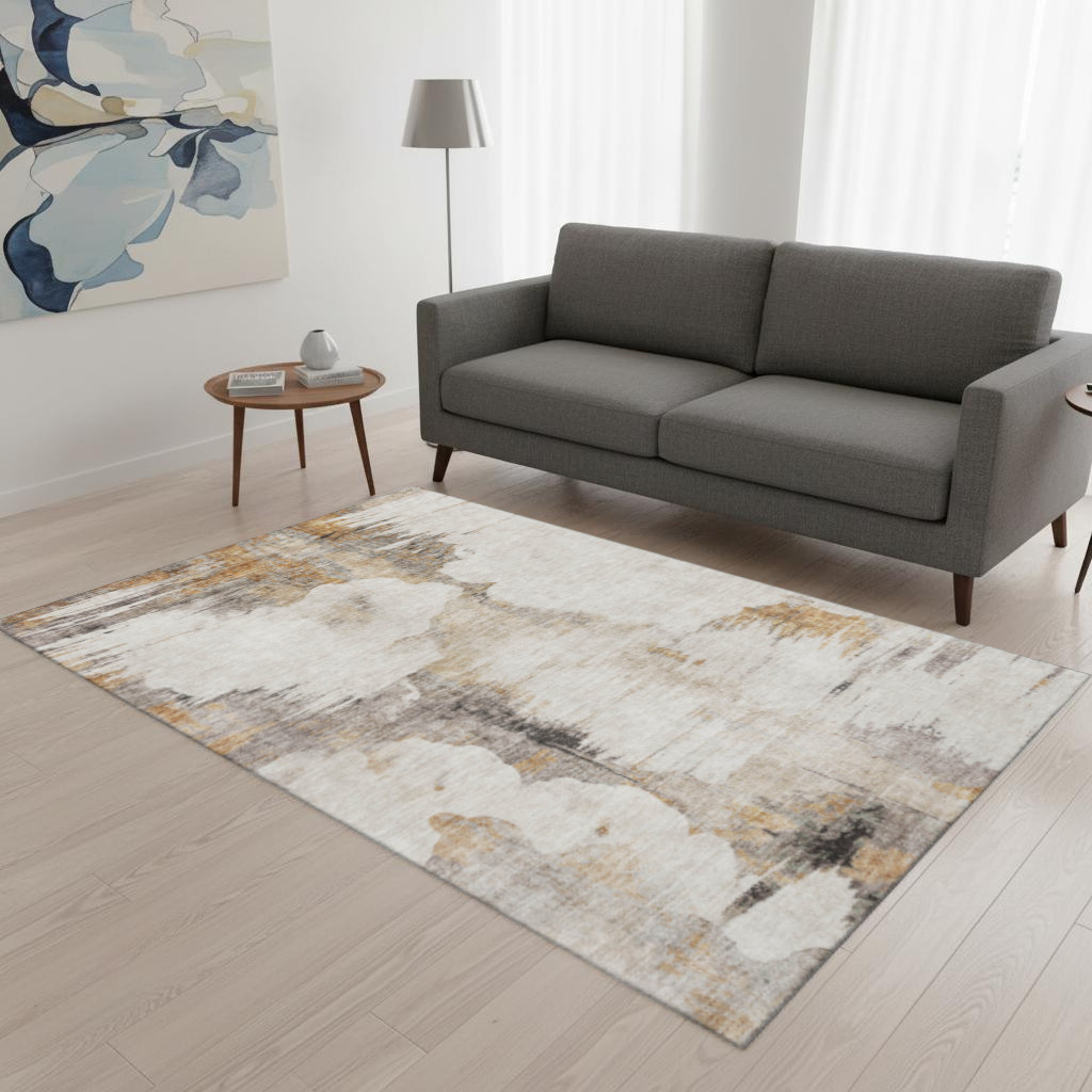 657205 5 x 8 ft. Beige, Gray & Ivory Abstract Transitional Washable Machine Made Rectangle Area Rug with UV Protection