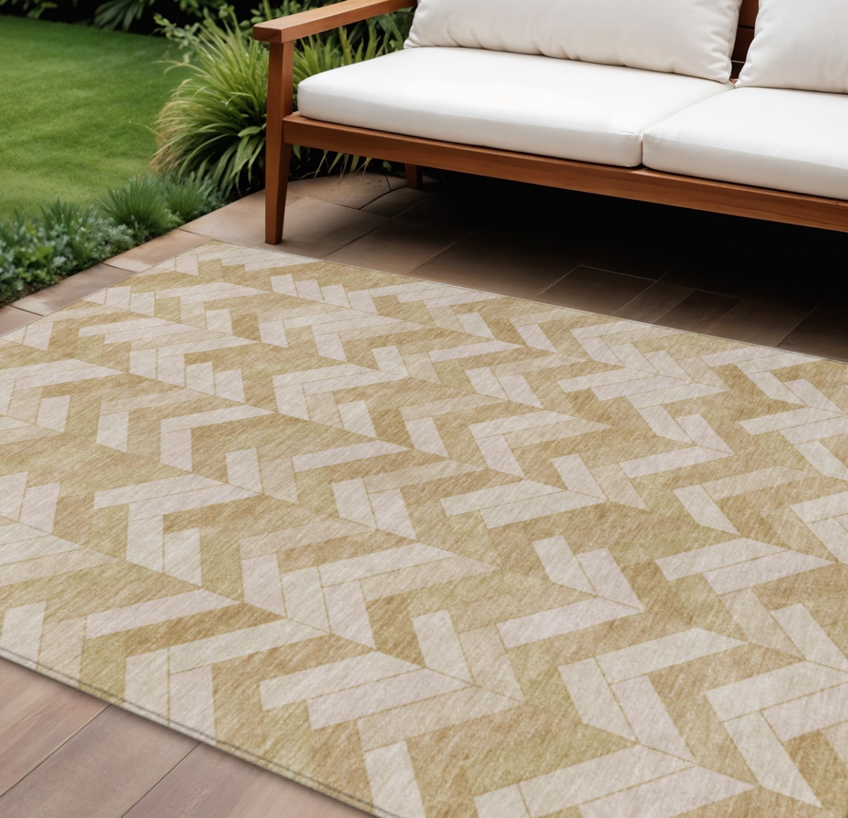 658242 10 x 14 ft. Wheat & Beige Geometric Washable Transitional Indoor & Outdoor Rectangle Area Rug
