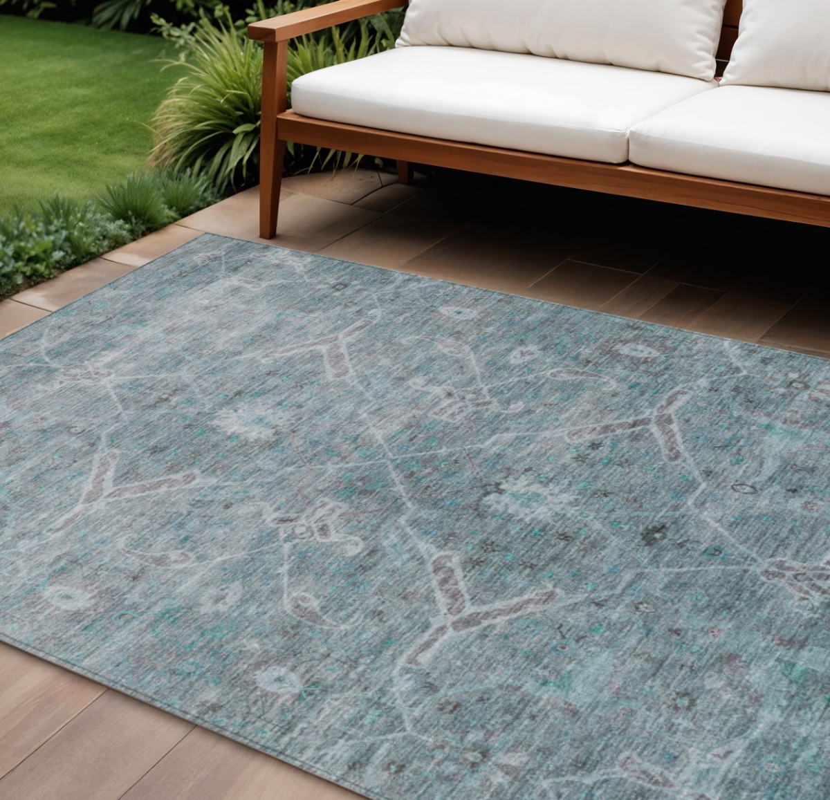 658271 9 x 12 ft. Teal, Blue & Gray Floral Washable Traditional Indoor & Outdoor Rectangle Area Rug