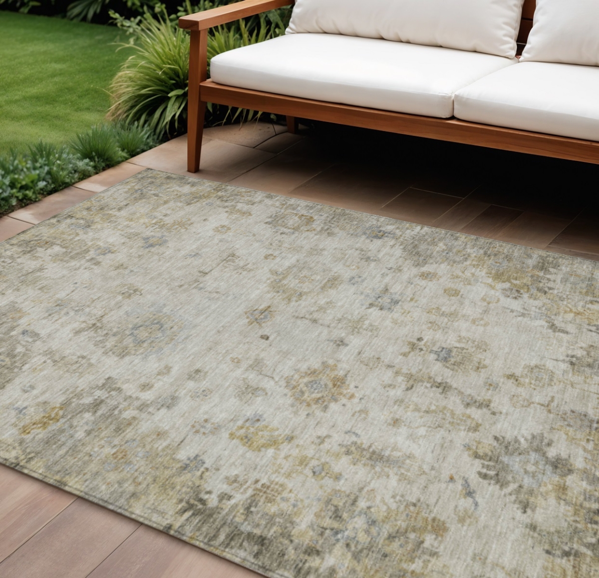 658374 10 x 14 ft. Taupe & Blue Floral Washable Traditional Indoor & Outdoor Rectangle Area Rug