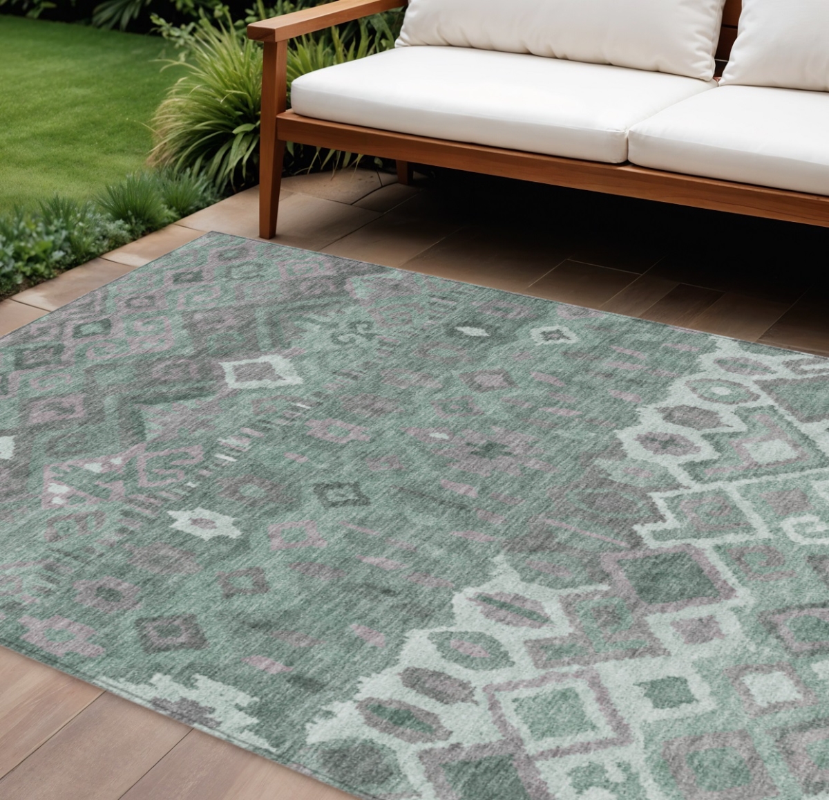 658476 10 x 14 ft. Artichoke Green Gray & Ivory Geometric Washable Transitional Indoor & Outdoor Rectangle Area Rug