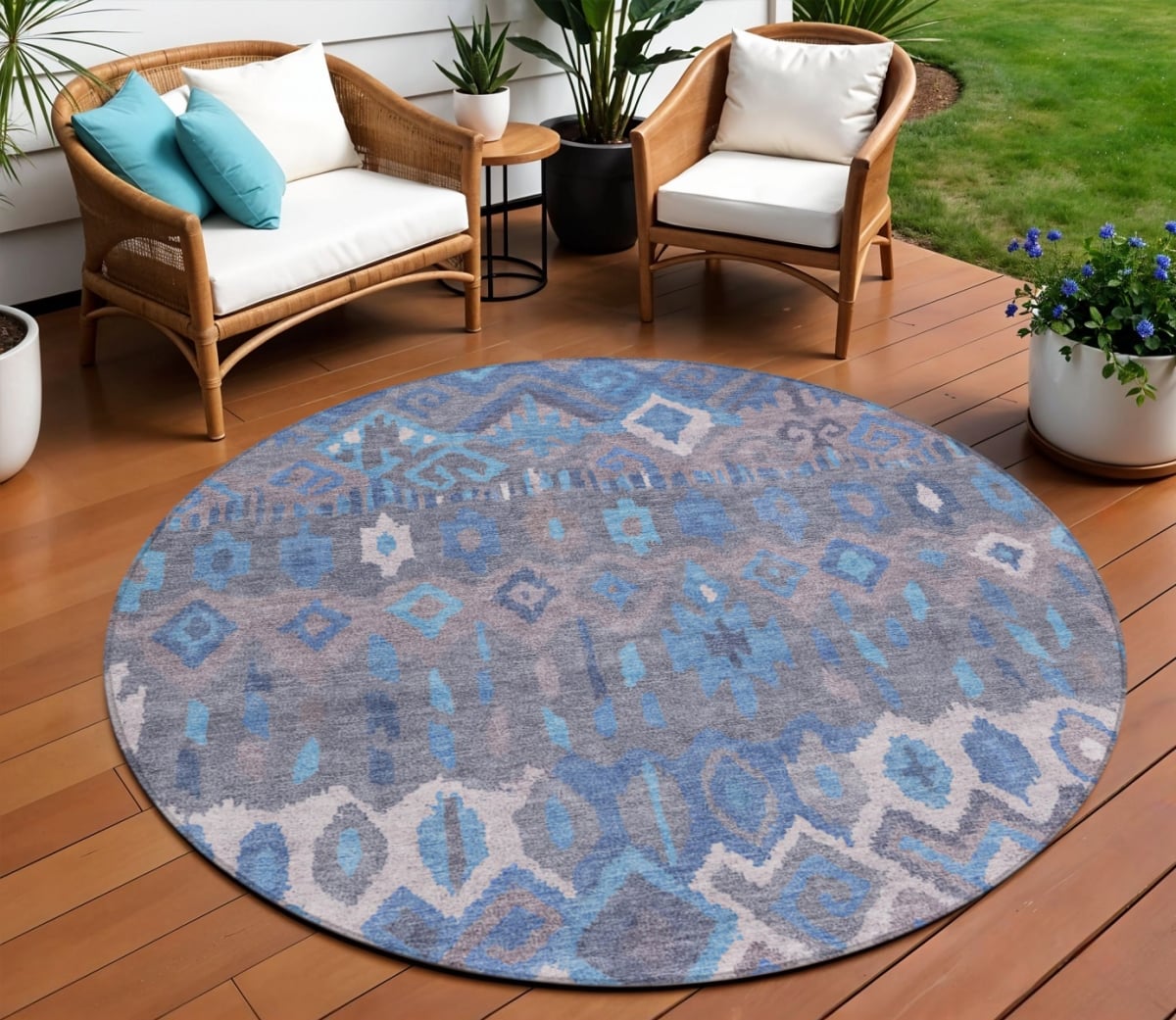 658479 8 ft. Blue, Gray & Ivory Geometric Washable Transitional Indoor & Outdoor Round Area Rug