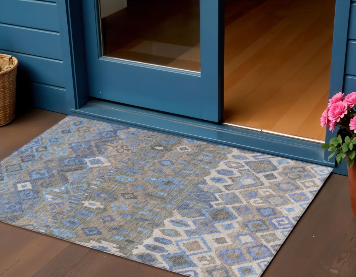 658483 3 x 5 ft. Denim Blue, Gray & Ivory Geometric Washable Transitional Indoor & Outdoor Rectangle Area Rug