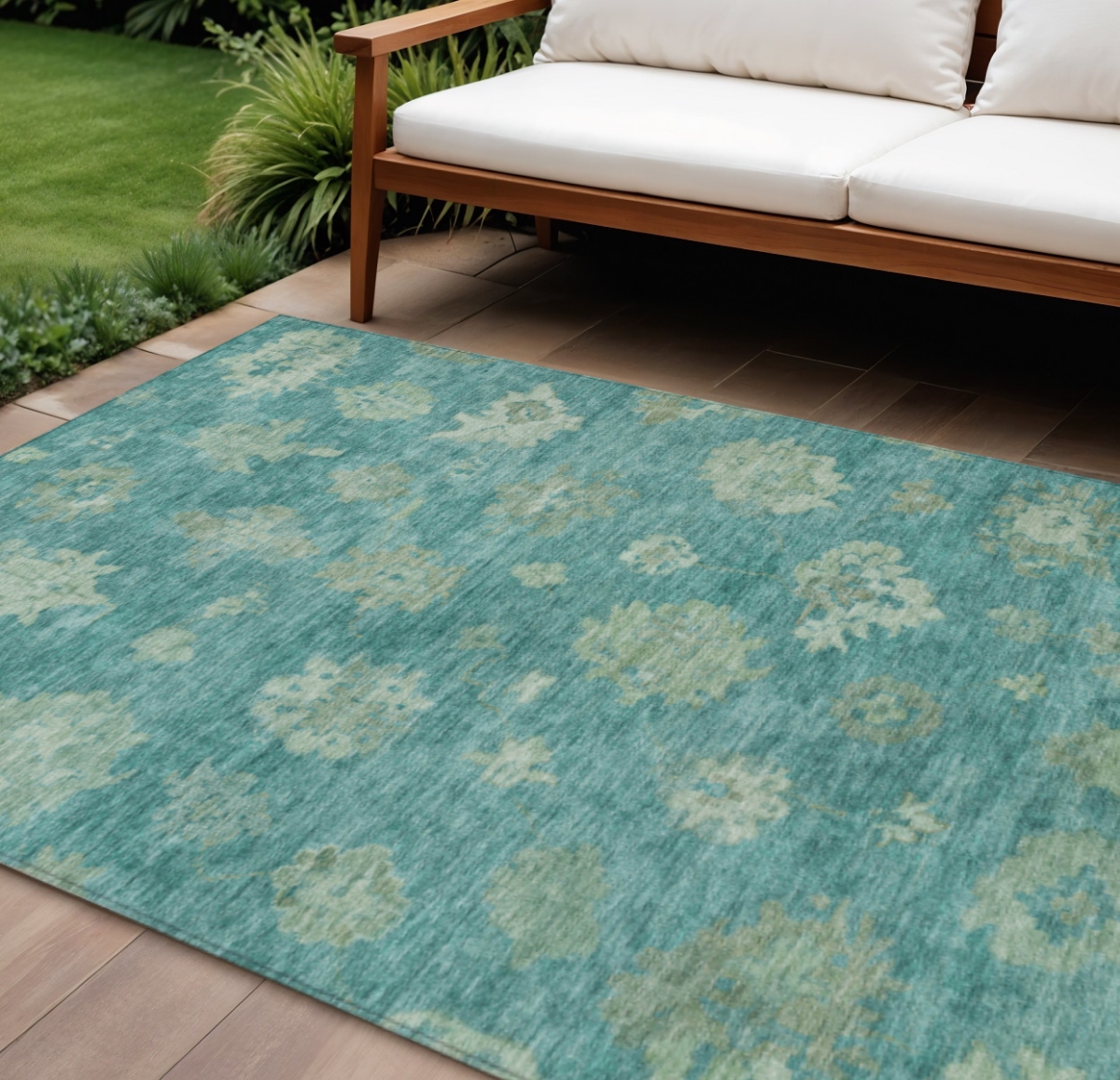 658554 10 x 14 ft. Teal, Blue & Fern Green Floral Washable Traditional Indoor & Outdoor Rectangle Area Rug