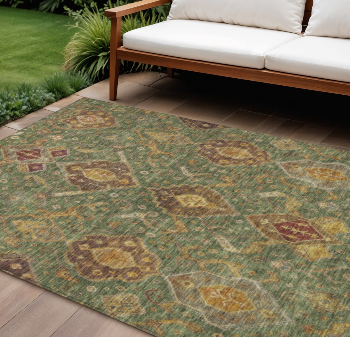 658578 10 x 14 ft. Fern Green Brown & Gold Ikat Washable Traditional Indoor & Outdoor Rectangle Area Rug