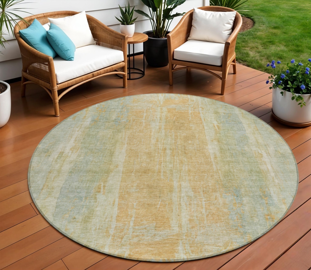658683 8 ft. Sage & Copper Abstract Washable Transitional Indoor & Outdoor Round Area Rug
