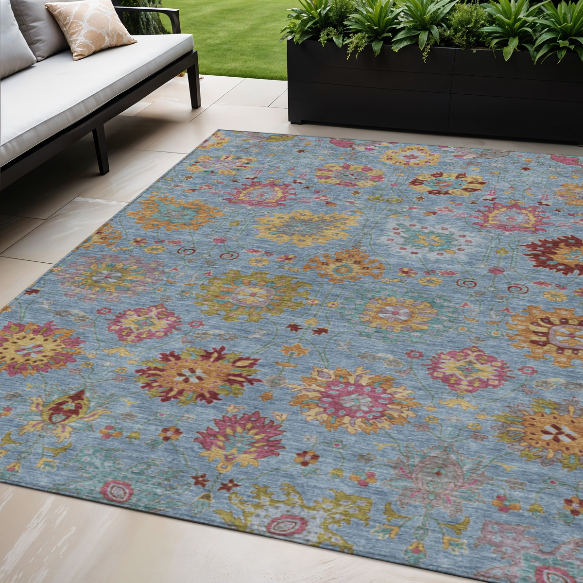 657812 5 x 8 ft. Blue Gold & Pink Damask Washable Transitional Indoor & Outdoor Rectangle Area Rug