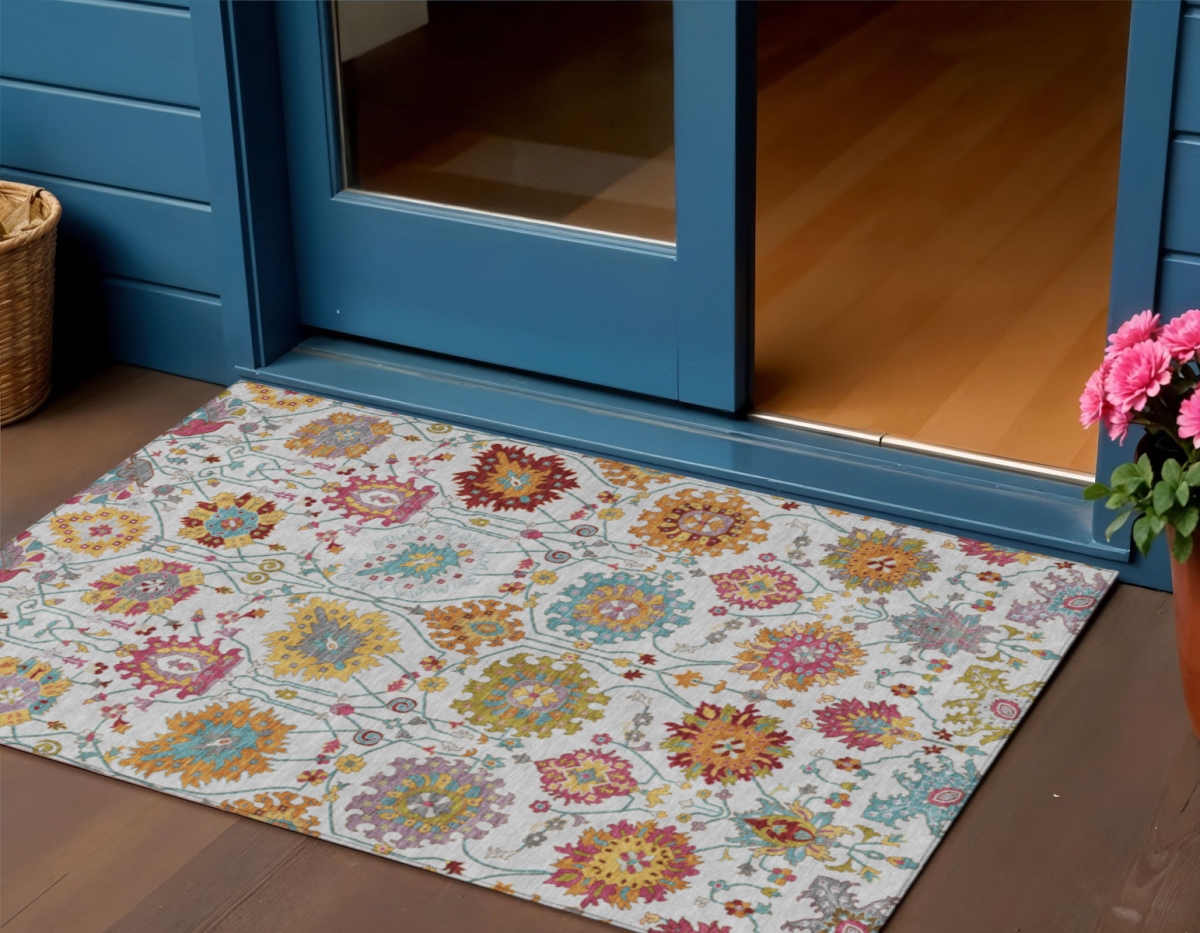 657829 3 x 5 ft. Ivory Gold & Pink Damask Washable Transitional Indoor & Outdoor Rectangle Area Rug