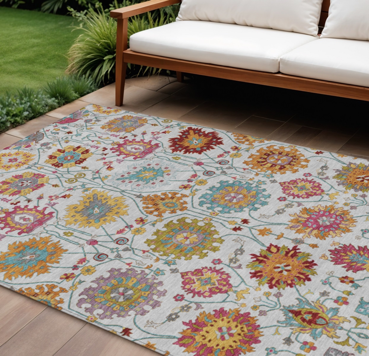 657833 9 x 12 ft. Ivory Gold & Pink Damask Washable Transitional Indoor & Outdoor Rectangle Area Rug