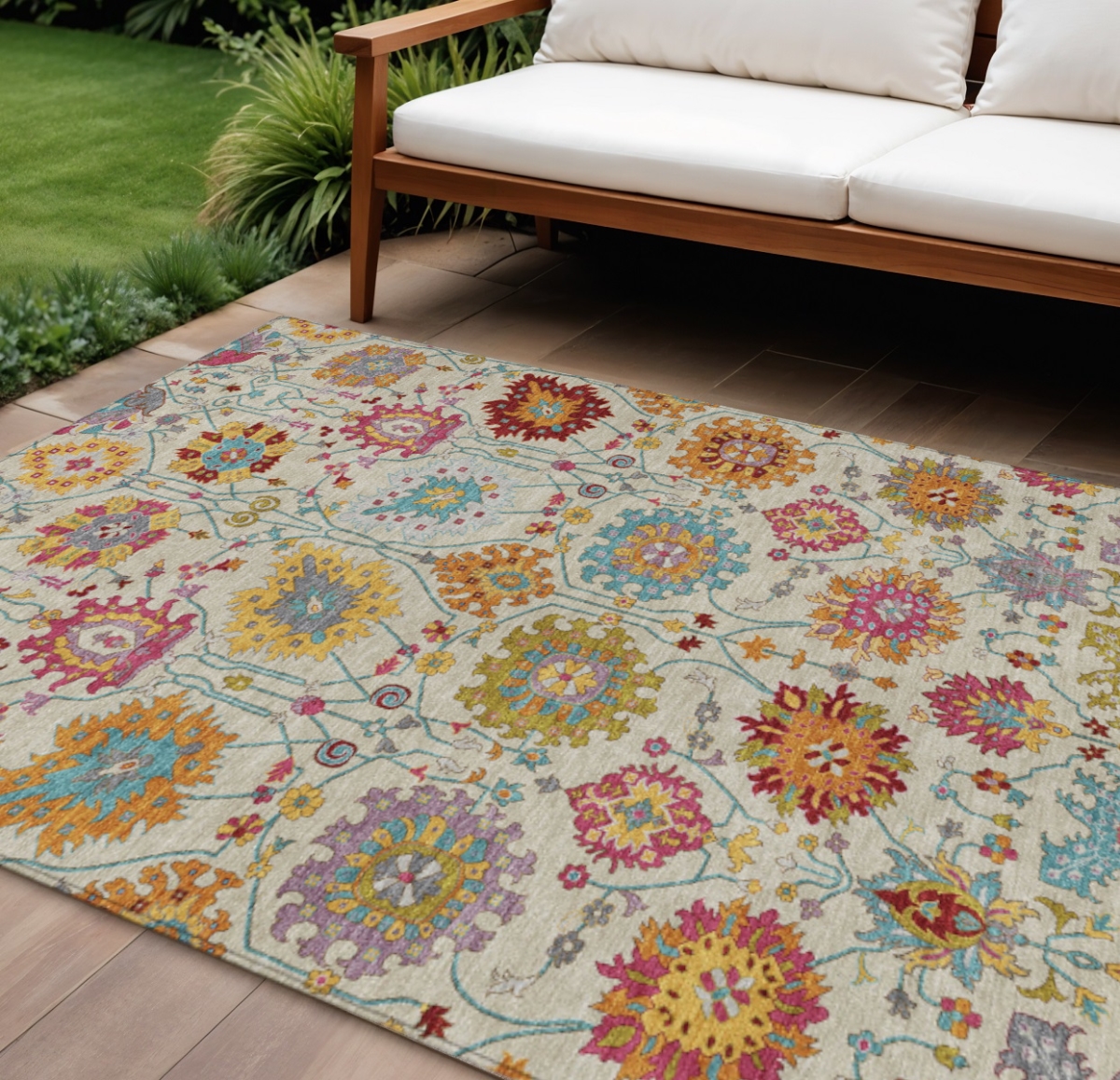657840 10 x 14 ft. Linen Gold & Pink Damask Washable Transitional Indoor & Outdoor Rectangle Area Rug