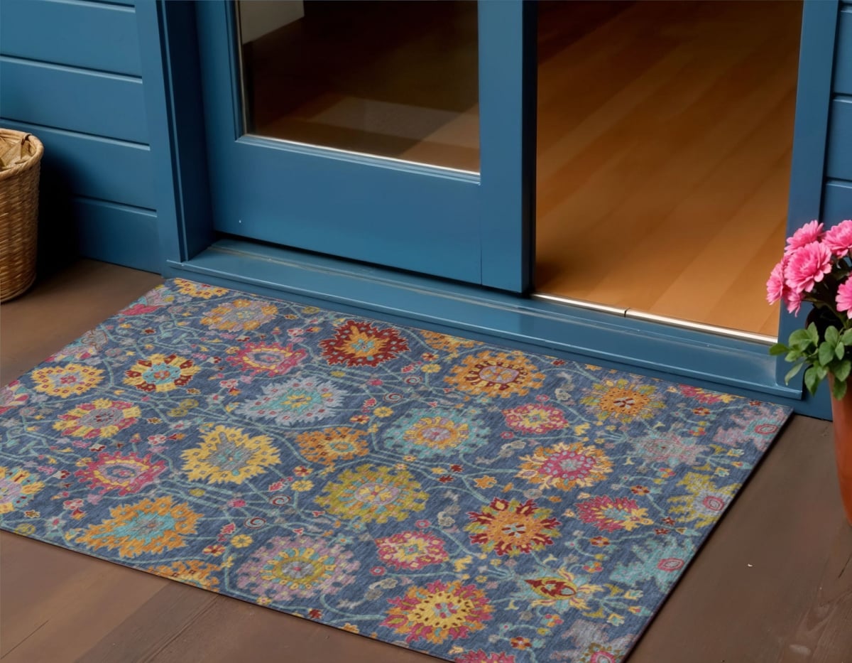 657841 3 x 5 ft. Navy Blue Gold & Pink Damask Washable Transitional Indoor & Outdoor Rectangle Area Rug