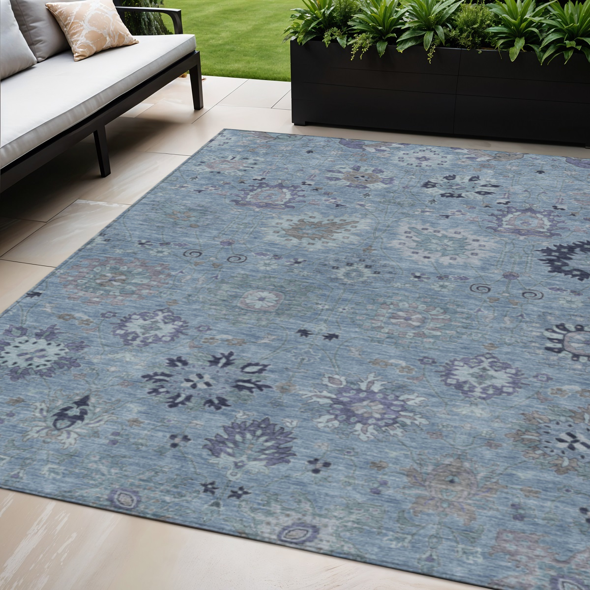 657866 5 x 8 ft. Denim Blue & Gray Damask Washable Transitional Indoor & Outdoor Rectangle Area Rug