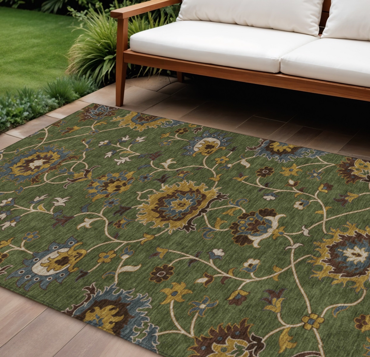657899 9 x 12 ft. Artichoke Green, Gold & Blue Floral Washable Traditional Indoor & Outdoor Rectangle Area Rug