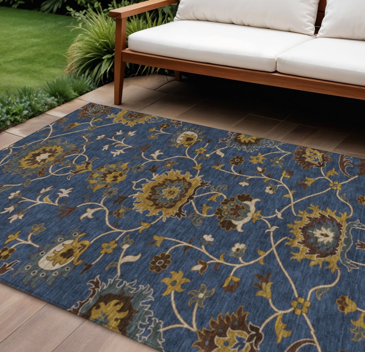 657940 8 x 10 ft. Navy Blue Gold & Brown Floral Washable Traditional Indoor & Outdoor Rectangle Area Rug