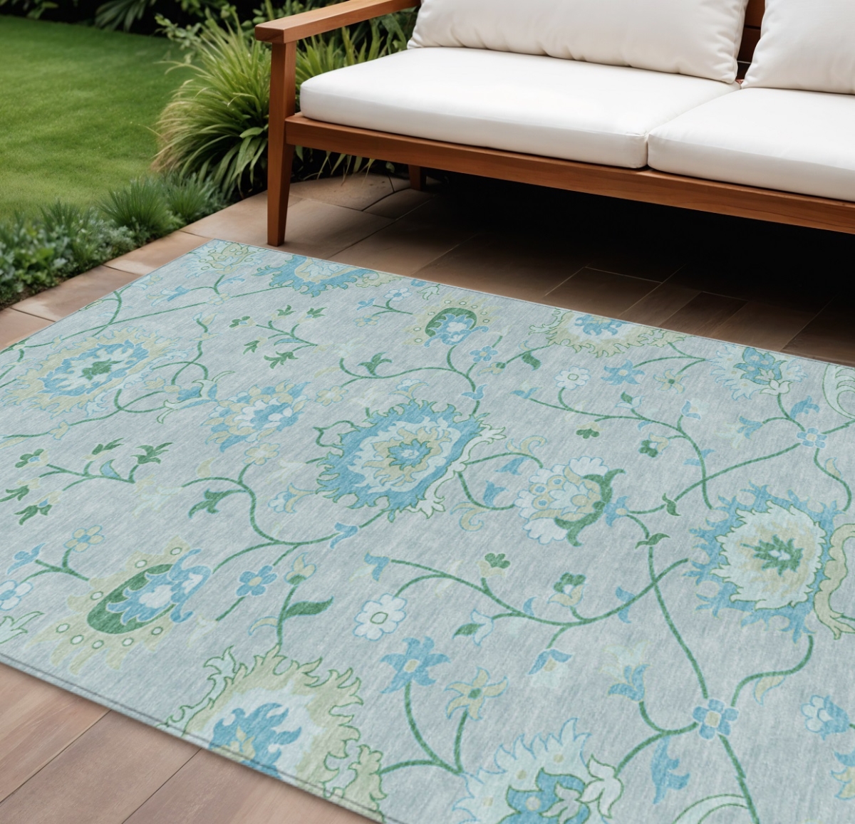 657977 9 x 12 ft. Mint Green Teal, Blue & Ivory Floral Washable Traditional Indoor & Outdoor Rectangle Area Rug
