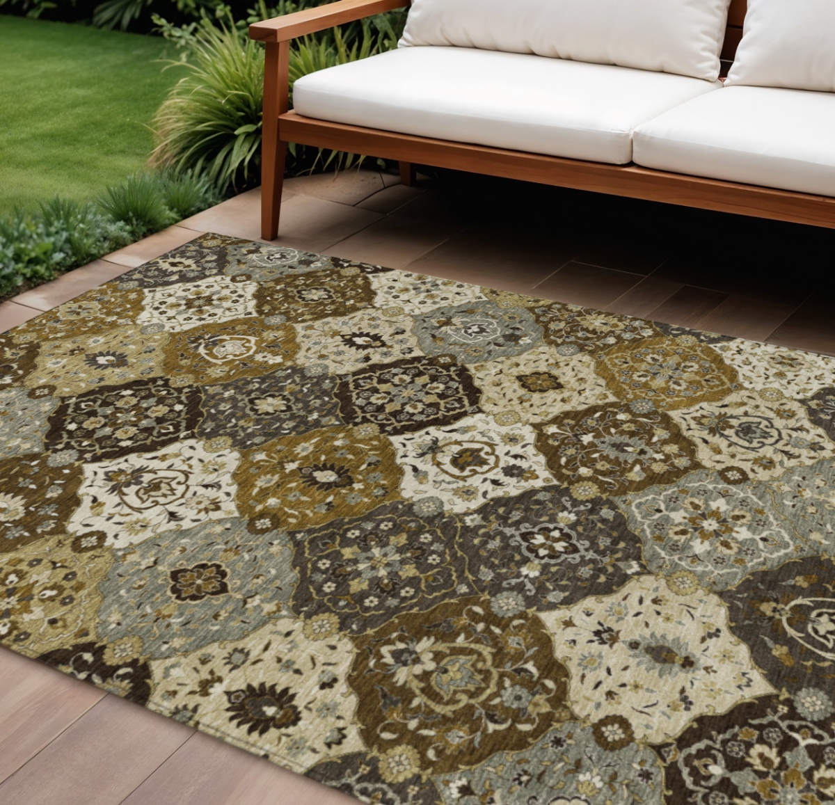 658002 10 x 14 ft. Brown, Gray & Gold Floral Medallion Washable Transitional Indoor & Outdoor Rectangle Area Rug