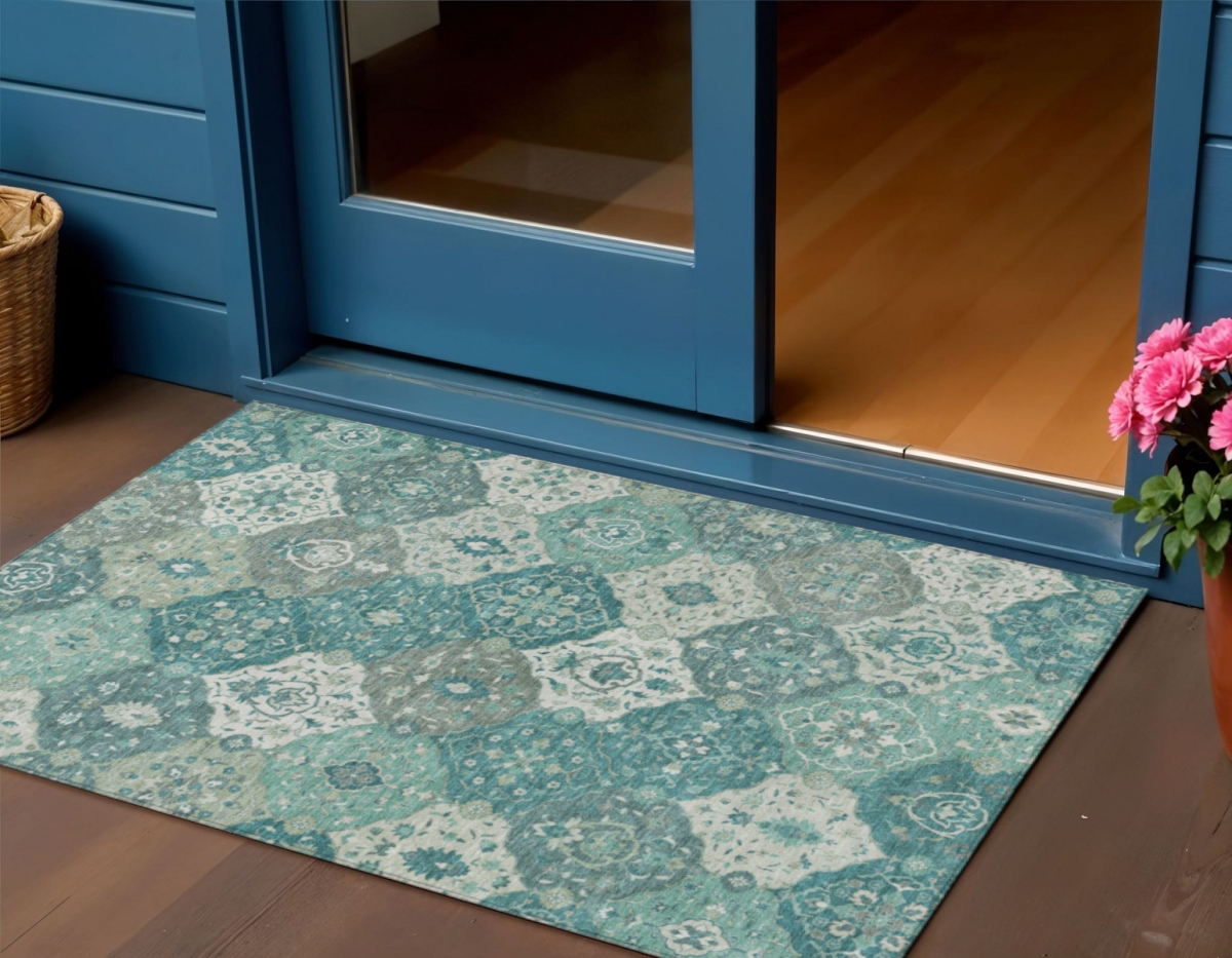 658033 3 x 5 ft. Teal, Blue & Ivory Floral Medallion Washable Transitional Indoor & Outdoor Rectangle Area Rug