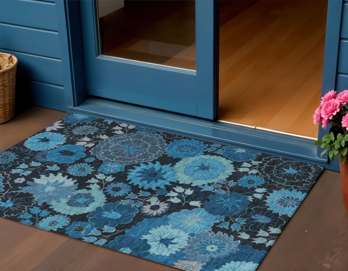 658117 3 x 5 ft. Blue & Black Floral Washable Transitional Indoor & Outdoor Rectangle Area Rug