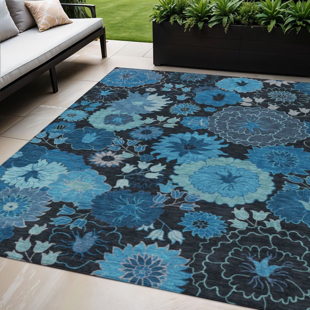 658118 5 x 8 ft. Blue & Black Floral Washable Transitional Indoor & Outdoor Rectangle Area Rug
