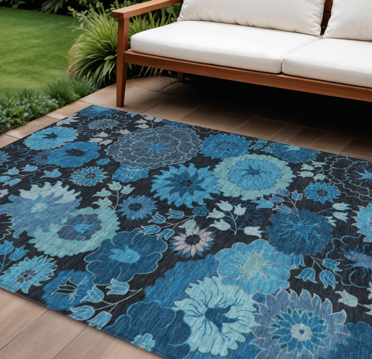 658121 9 x 12 ft. Blue & Black Floral Washable Transitional Indoor & Outdoor Rectangle Area Rug