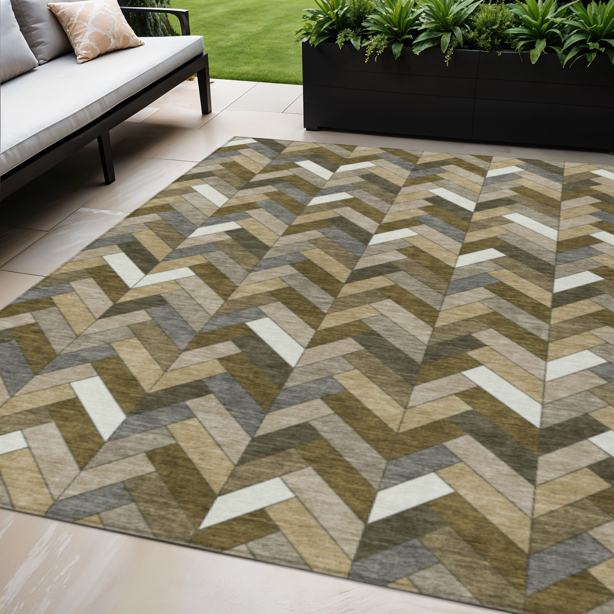 658154 5 x 8 ft. Brown & Ivory Geometric Washable Transitional Indoor & Outdoor Rectangle Area Rug