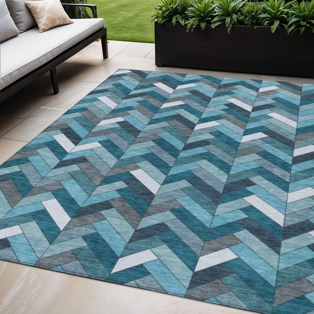 658190 5 x 8 ft. Teal, Blue & Ivory Geometric Washable Transitional Indoor & Outdoor Rectangle Area Rug