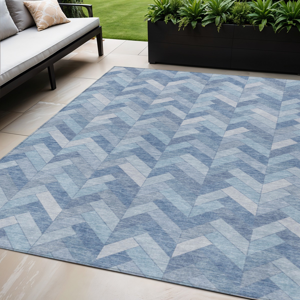 658226 5 x 8 ft. Sky Blue & Silver Geometric Washable Transitional Indoor & Outdoor Rectangle Area Rug