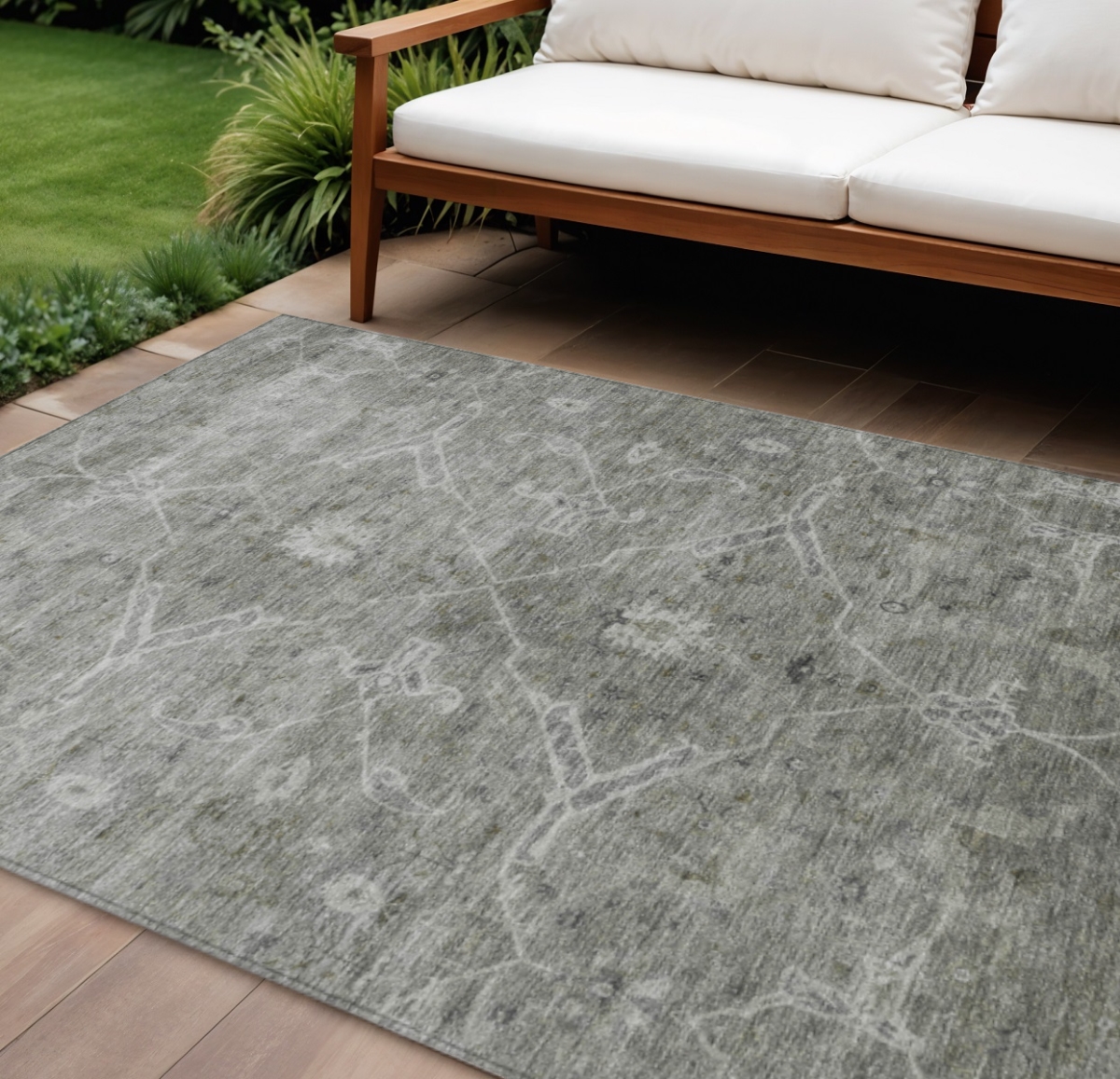 658265 9 x 12 ft. Pewter & Gray Floral Washable Traditional Indoor & Outdoor Rectangle Area Rug