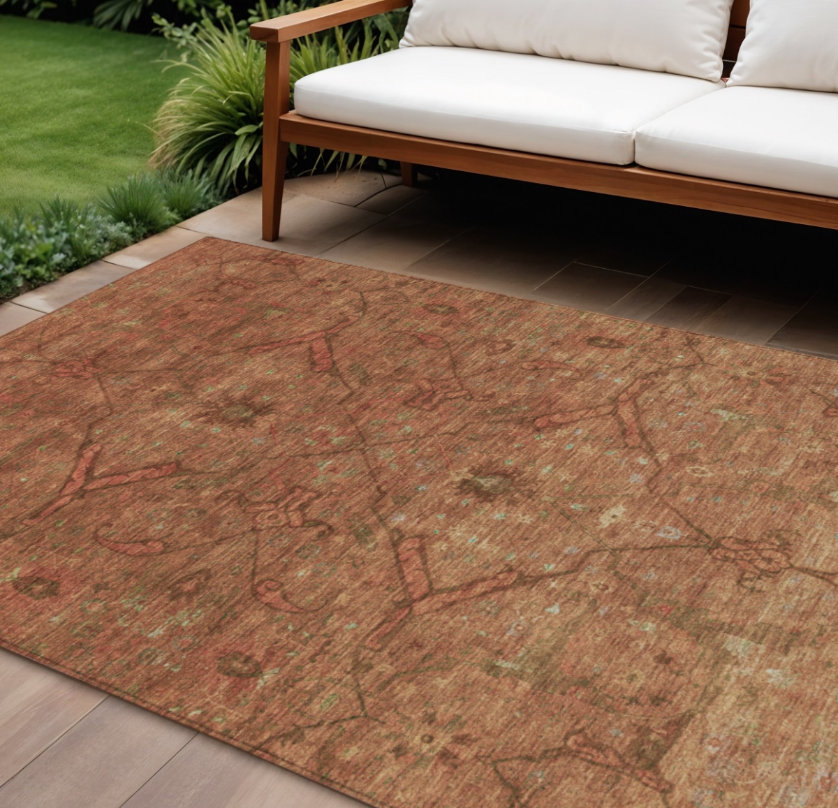658295 9 x 12 ft. Terra Cotta & Taupe Floral Washable Traditional Indoor & Outdoor Rectangle Area Rug