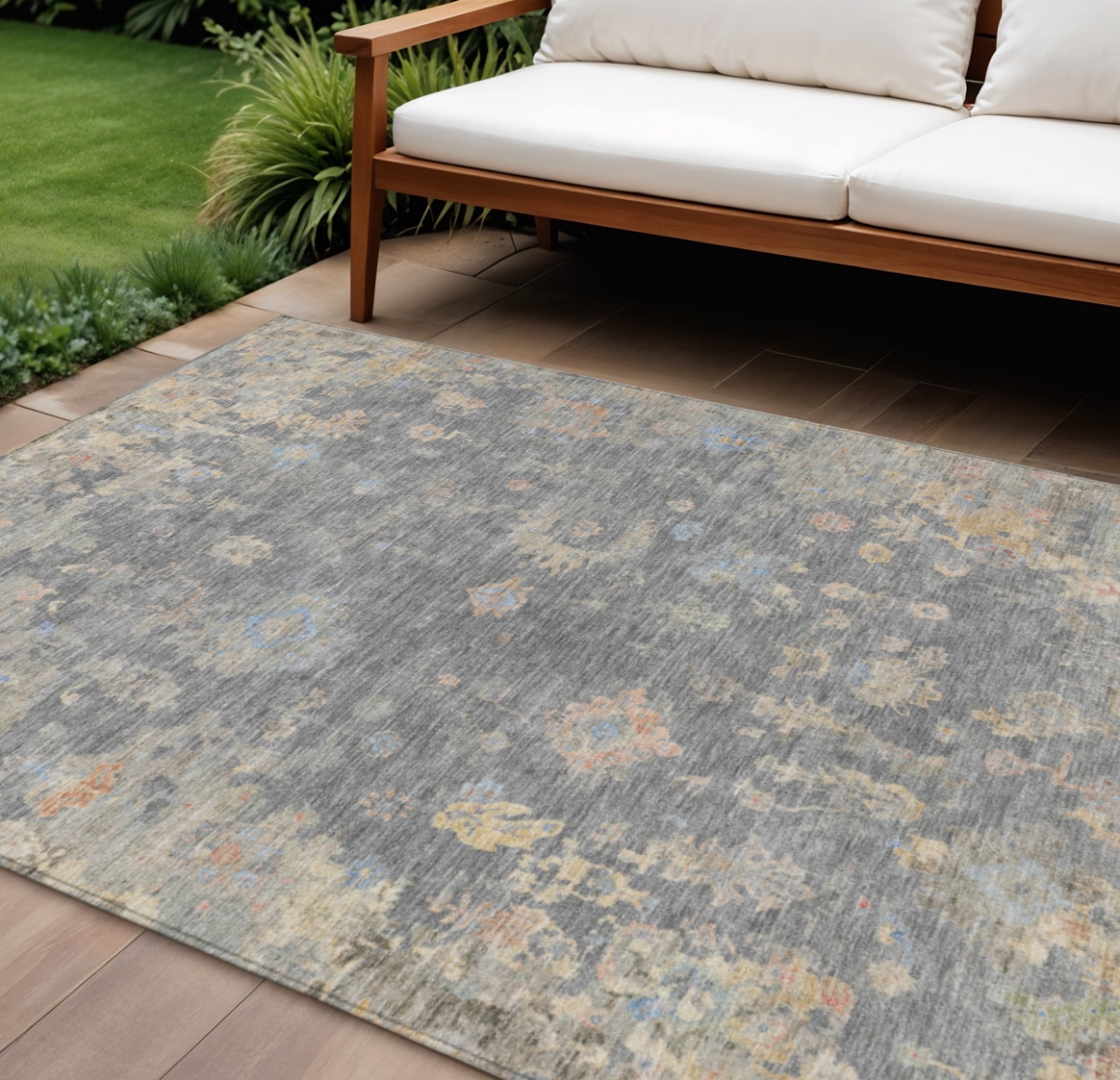 658410 10 x 14 ft. Gray & Beige Floral Washable Traditional Indoor & Outdoor Rectangle Area Rug