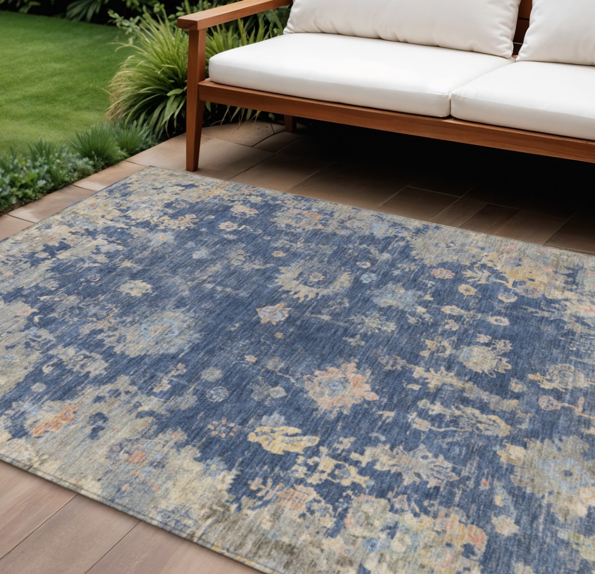 658416 10 x 14 ft. Navy Blue, Gray & Beige Floral Washable Traditional Indoor & Outdoor Rectangle Area Rug