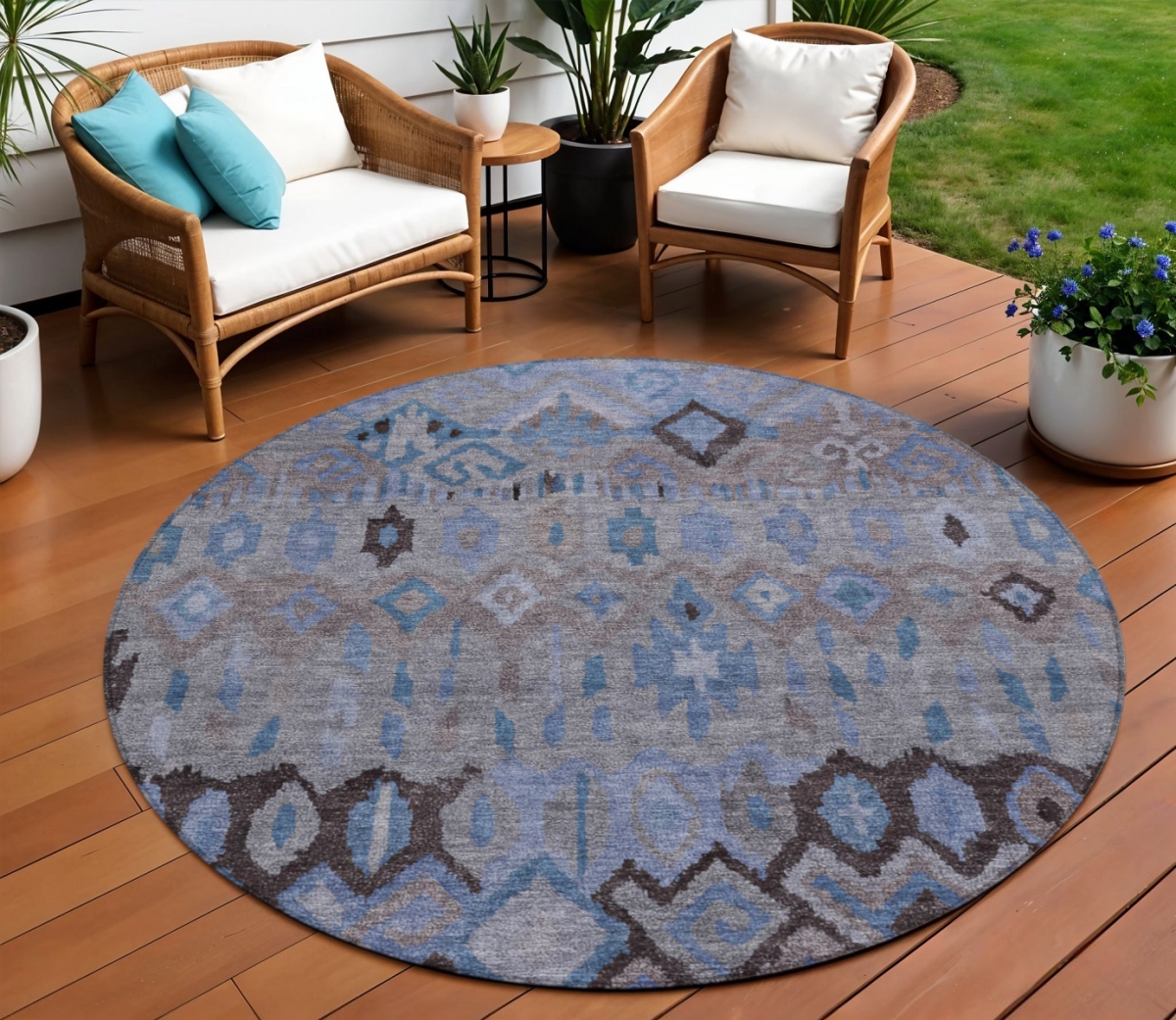 658449 8 ft. Brown Blue & Charcoal Geometric Washable Transitional Indoor & Outdoor Round Area Rug