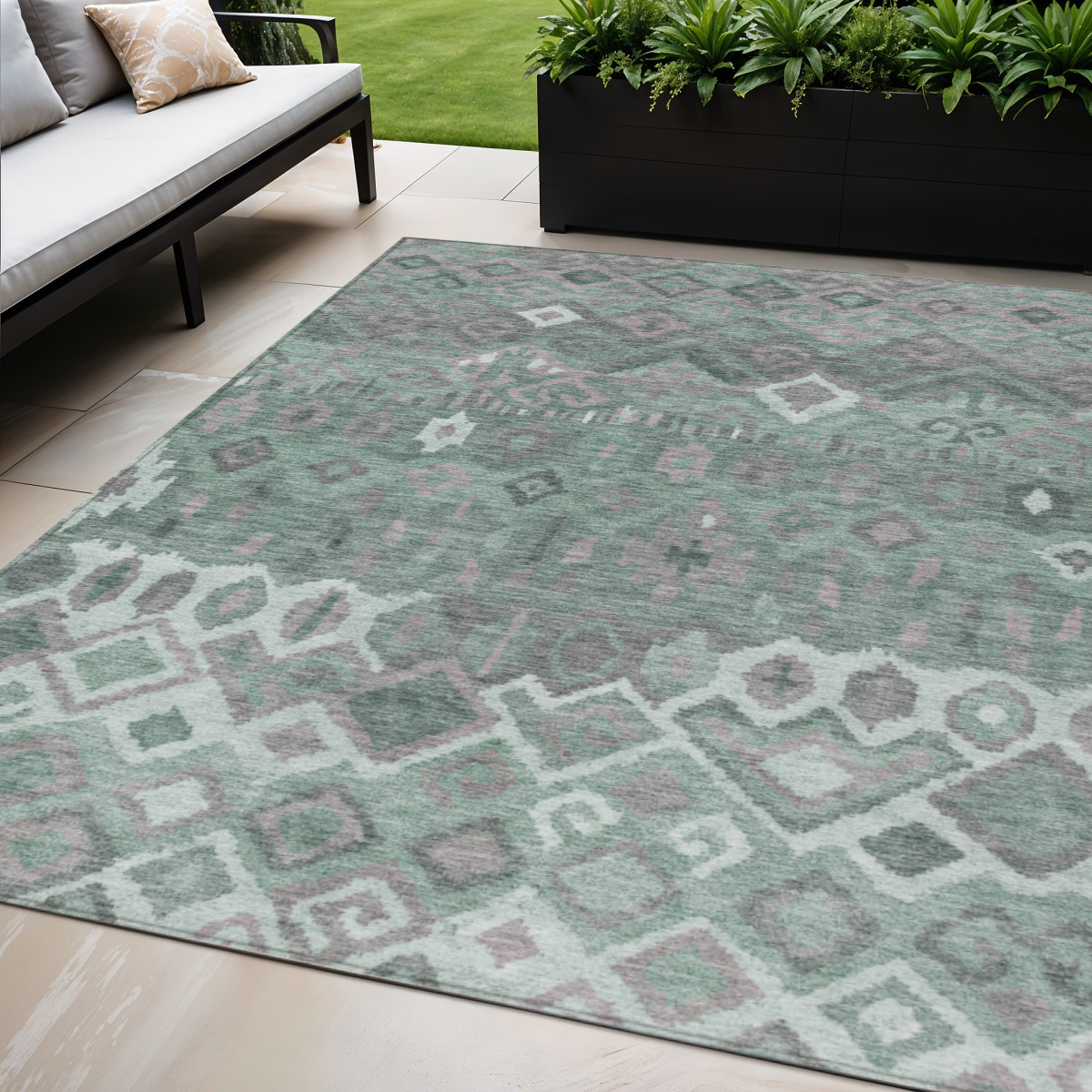 658472 5 x 8 ft. Artichoke Green Gray & Ivory Geometric Washable Transitional Indoor & Outdoor Rectangle Area Rug