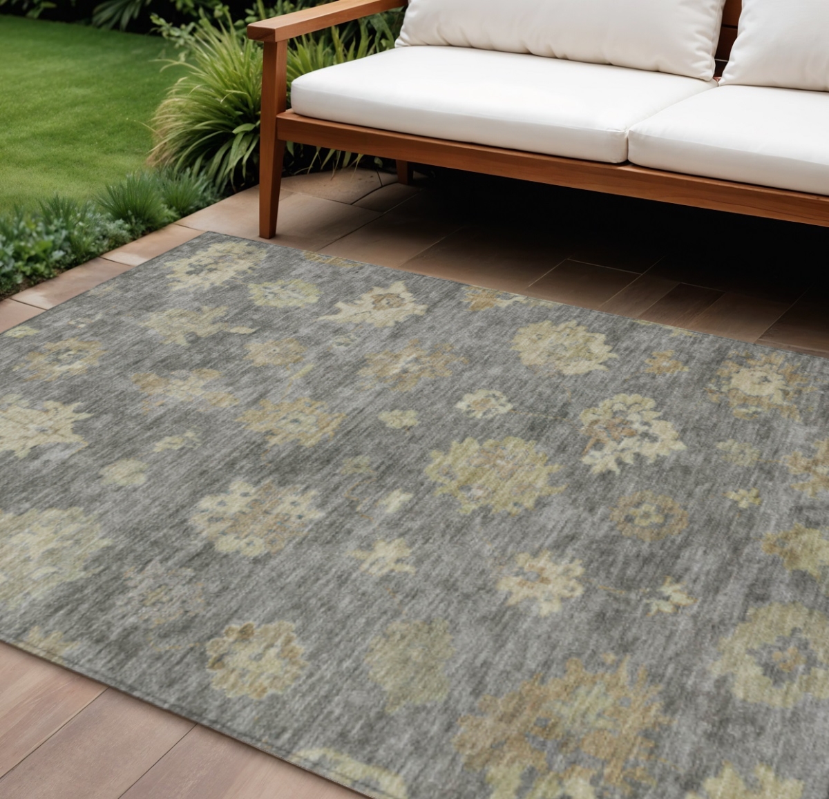 658536 10 x 14 ft. Pewter Gold & Beige Floral Washable Traditional Indoor & Outdoor Rectangle Area Rug