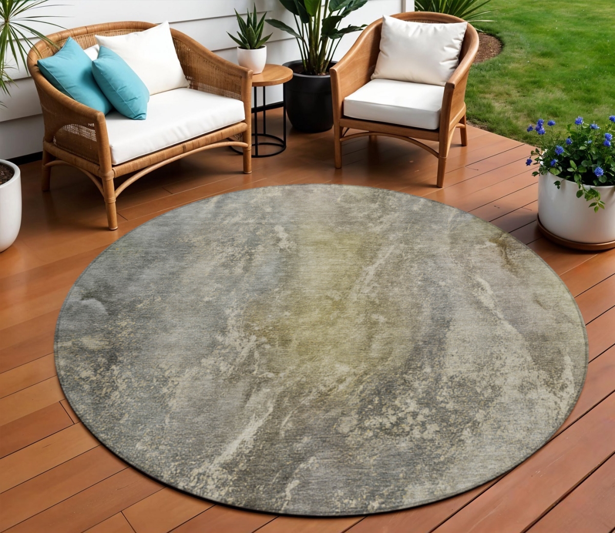 658611 8 ft. Pewter & Gray Abstract Washable Transitional Indoor & Outdoor Round Area Rug
